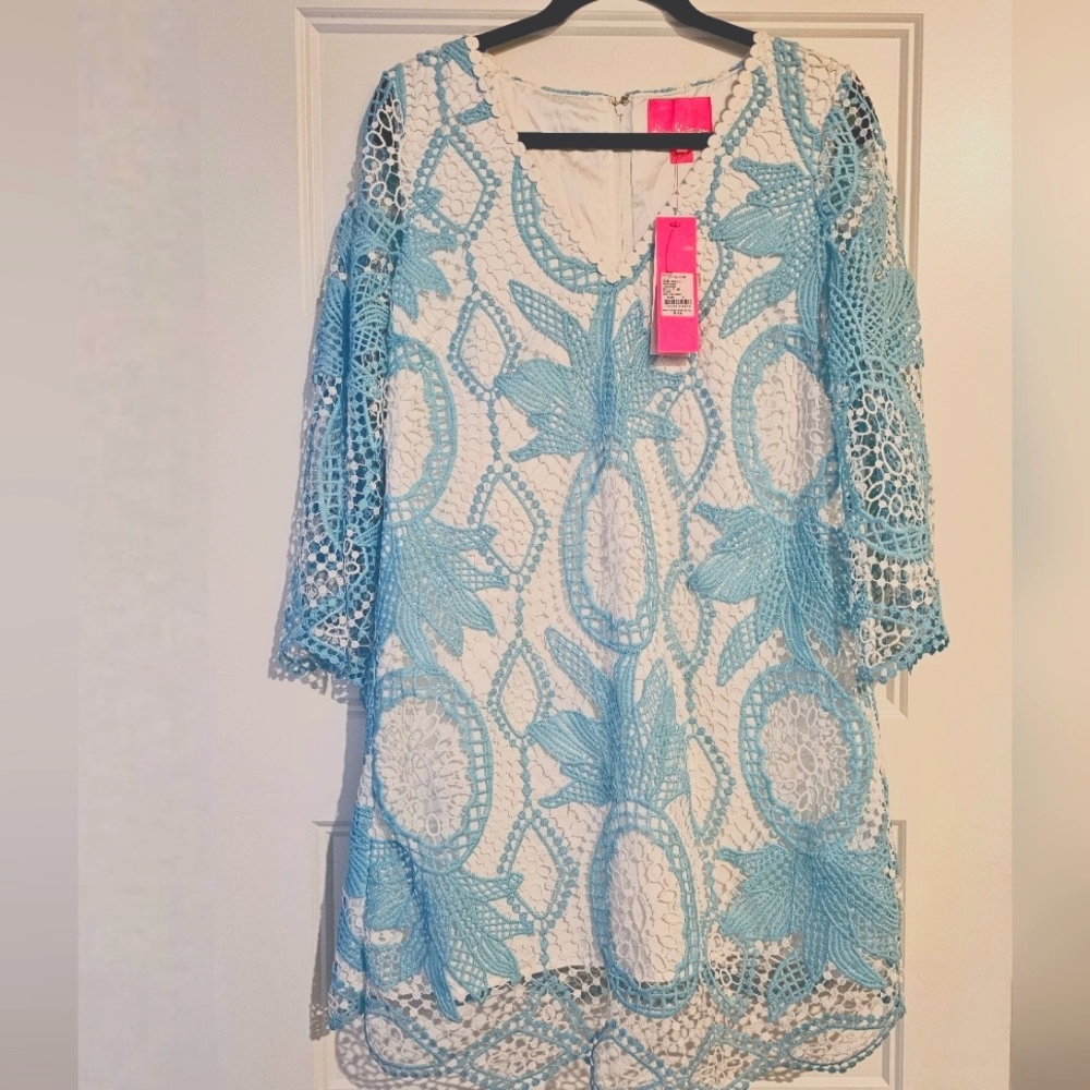 New Lilly Pulitzer Lottie Romper Blue Ibiza Juice Stand Crochet Dress sz 10